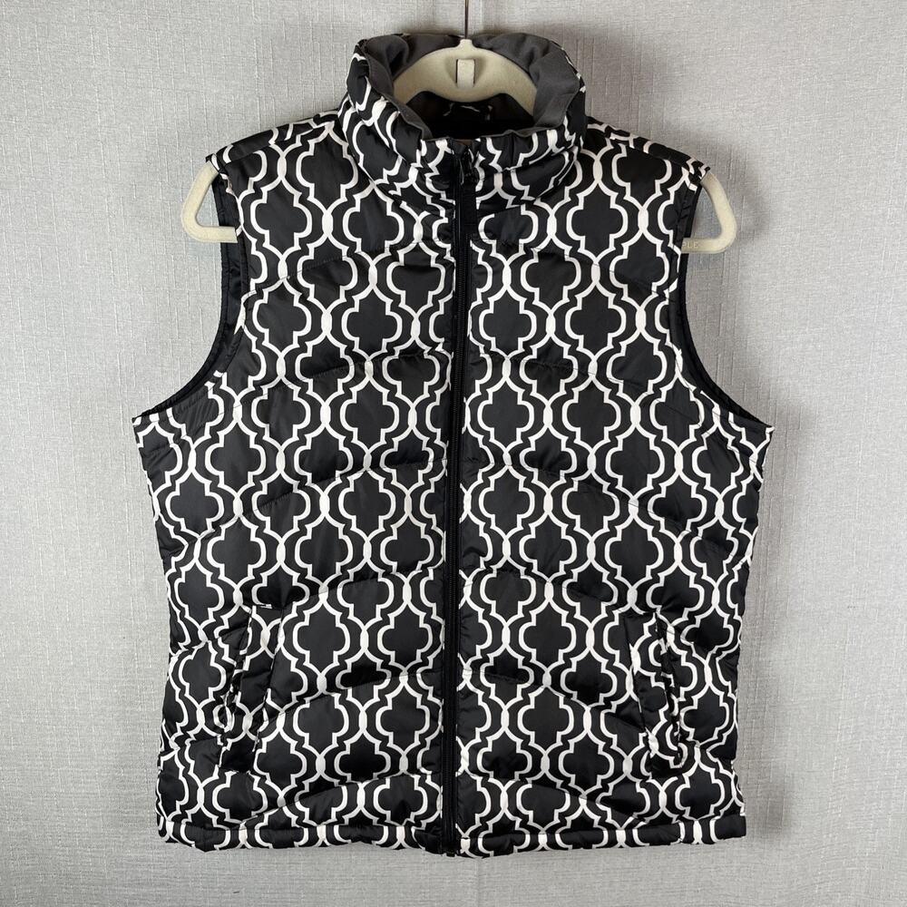 Lands End Vest Down Puffer Quilted Womens Size Medium Black And White Geometric